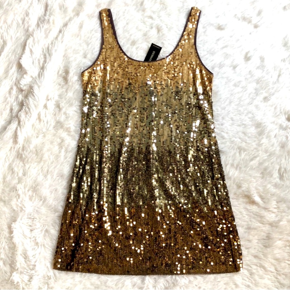 NWT Express Mini Dress, gold, platinum and copper sequins, Size XS